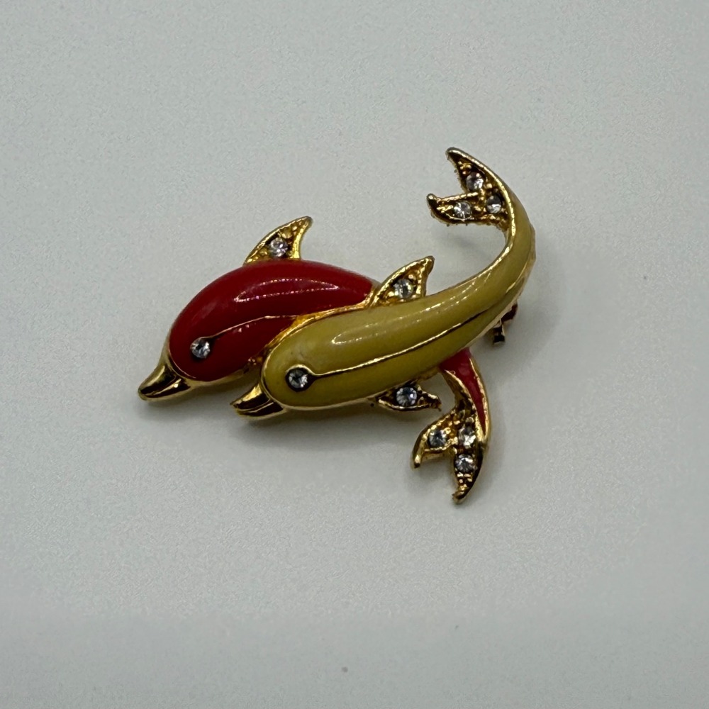 MJ Jewelry Vintage Red Yellow Enamel Rhinestone Double Dolphin Brooch